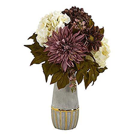 17インチ 牡丹、アジサイ、ダリアの人工アレンジメント ストーンウェア花瓶 ゴールドのトリミング付き＿並行輸入品