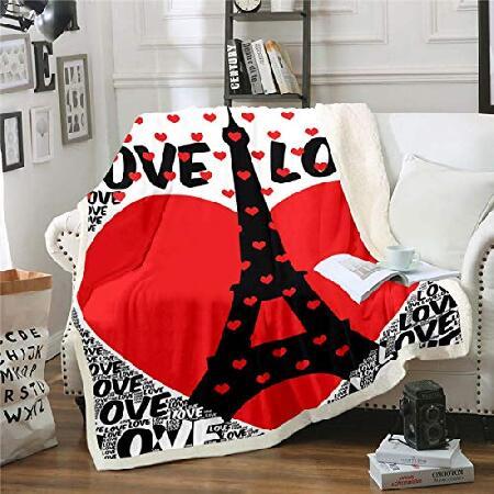 Eiffel Tower Warm Plush Blanket Romantic Paris Sherpa Blanket Cute Red Heart Love Pattern Fleece Throw Blanket for Sofa Couch Black White ＿並行輸入品