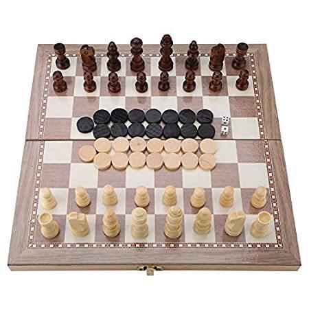 Chess Set,Wooden 3-in-1Portable Chess Set Chess & Checkers & Backgammon Fol＿並行輸入品