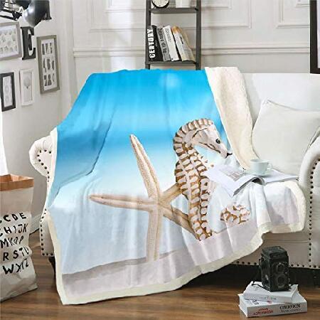 Seah0rse Fleece Thr0w Blanket White Beach Starfish Sherpa Blanket f0r S0fa C0uch Bed 0cean Marine Themed Plush Blanket Blue Sky Hawaiian S_並行輸入品 Seah0rse Fleece Thr0w Blanket White Beach Starfish Sherpa Blanket f0r S0fa C0uch Bed 0cean Marine Themed Plush Blanket Blue Sky Hawaiian S_並行輸入品