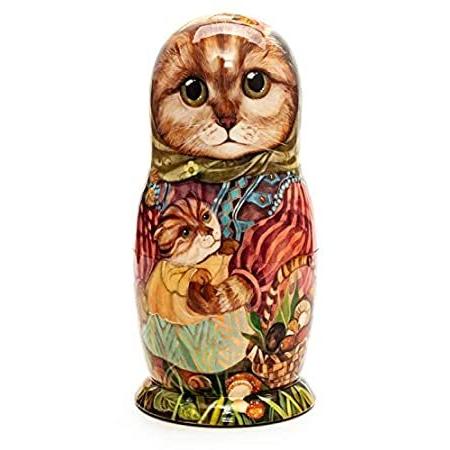180 mm Mother Cat with Kitten Hand Painted Wooden Matryoshka 5 pcs＿並行輸入品
