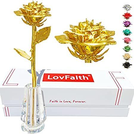 L0vFaith 本物のローズ浸漬24Kゴールド クリスタル花瓶付き 母親 妻 母の日 記念日 バレンタインデー (デラックスゴールド)＿並行輸入品
