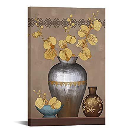 割引特価 Rnnjoile イエローフローラルキャンバスウォールアート クラシックな花瓶の蘭の花 絵画プリント ビンテージブラウンアートワーク リビングルーム 好評販売中 ショッピング買い Miracleleaffl Com
