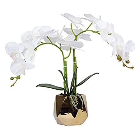 造花 オーキッド 植物 フラワーアレンジメント 花瓶 ホワイトフラワー ゴールドポット リアルタッチ ホームオフィス装飾 屋内＿並行輸入品