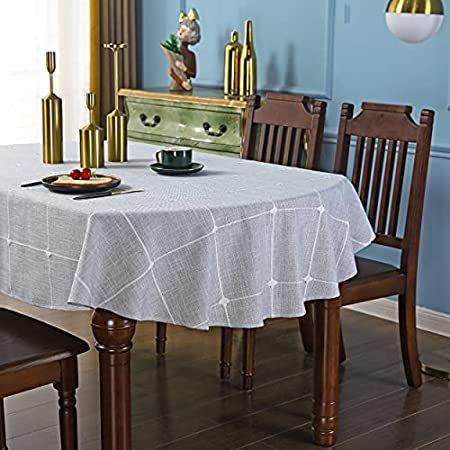 QsyyHome Lattice Oval Tablecloth Rustic Embroidery Cotton Linen Fabric Grey＿並行輸入品
