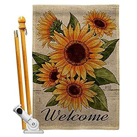 Angeleno Heritage Happiness Burlap House Flag Set Spring Floral Sunflower T＿並行輸入品