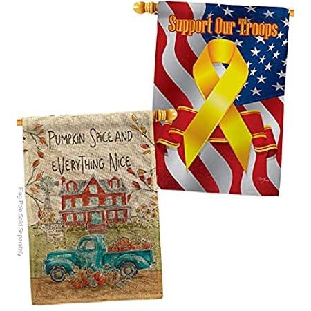 Fall Markets Burlap House Flag - Pack Harvest & Autumn Scarecrow Pumkins Su＿並行輸入品