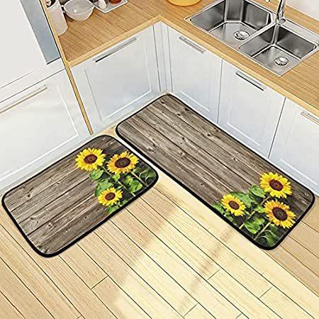 2 Piece Kitchen Rugs and Mats， Sunflowers on Wooden Board Cushioned Kitchen＿並行輸入品