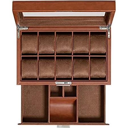 ROTHWELL 10スロットレザーウォッチボックス バレット引き出し付き - ラグジュアリーウォッチケースディスプレイオーガナイザー、ウルトラソフト＿並行輸入品