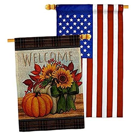 Pumpkin Bouquet Burlap House Flag - Pack Falltime Harvest & Autumn Scarecro＿並行輸入品