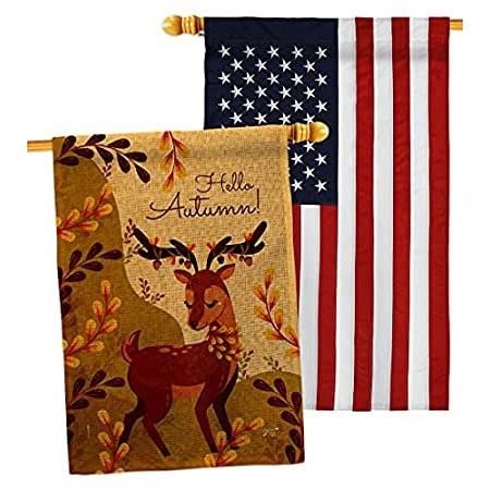 Autumn Deer Burlap House Flag - Pack Falltime Harvest & Scarecrow Pumkins S＿並行輸入品