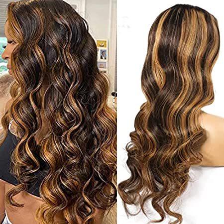 Highlight　Curly　Human　4x4　Hair　for　22　Women　Closure　Inch　Bra＿並行輸入品　Long　Lace　Wigs