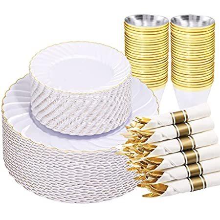 YOUBET ゴールドプラスチックプレート 350枚 - 使い捨てホワイトとゴールドプラスチックプレート プレート100枚 ロールナプキン50枚 ゴー＿並行輸入品 クリアブループラスチックプレート 350枚 50人用 ゴールドトリム付き