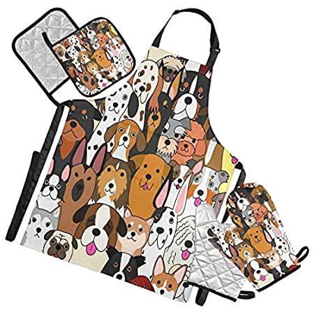 Alaza かわいい落書き ベーキング料理用 ドッグプリント アニマルキッチン エプロン オーブンミットとポットホルダーセット ベーキング料理用 レディース 調節可能な 並行輸入品 オーブンミットとポットホルダーセット キッチン 台所用品 B09r1gjg5h モリコー店