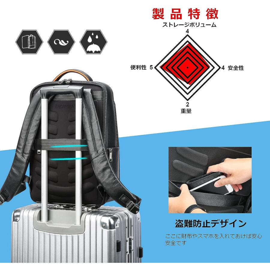 リュック メンズ 本革2種類のUSB充電ポート付き ビジネスリュック 防水 かっこいい 多彩な小物ポケット 通勤 15.6インチPC 大容量 メンズ ブラック |  | 04