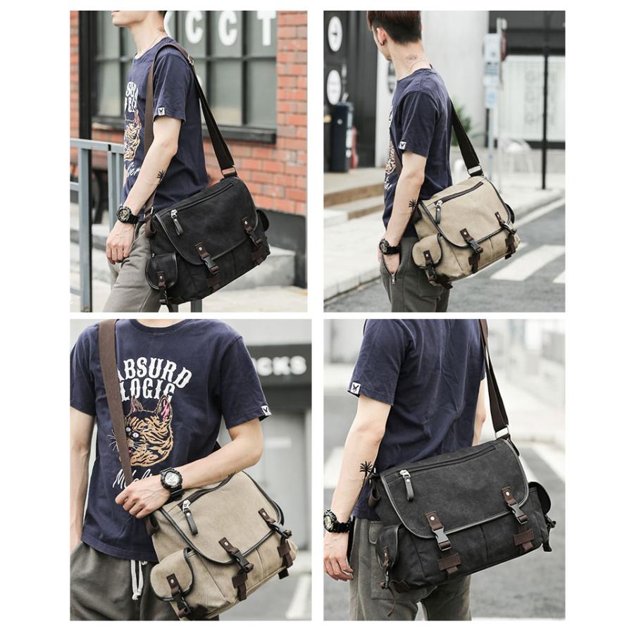 メッセンジャーバッグ ショルダーバッグ 大きめ 無地 耐久性キャンバス 帆布 ズック メンズ レディース 男女兼用 斜めがけ 自転車鞄 通学通勤 工具鞄 A4書類 |  | 05