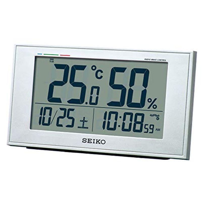 セイコークロック 置き時計 銀色メタリック 本体サイズ:8.5×14.8×5.3cm 電波 デジタル カレンダー 快適度 温度 湿度 表示