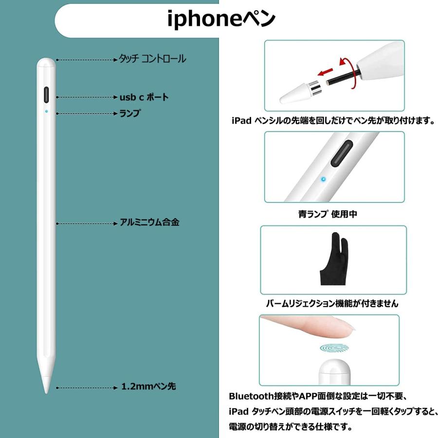 Runbod タッチペン iphone対応 タッチペン iPadタッチペン アイフォンたっちぺん スタイラスペン 磁気吸着機能対応 USB充電式｜morimori117｜02