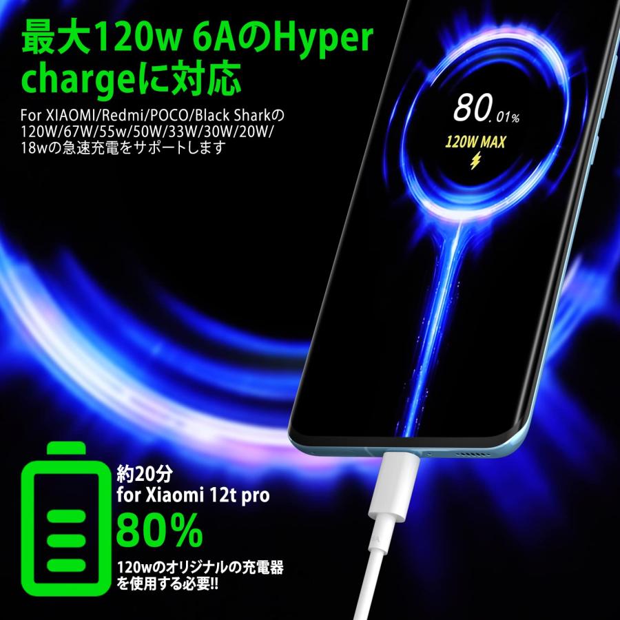 120W USB Type-C ケーブル 6A Xiaomi用 充電ケーブル【2本セット2M】急速充電 ターボチャージ対応 xiaomi 12/11T｜morimori117｜02