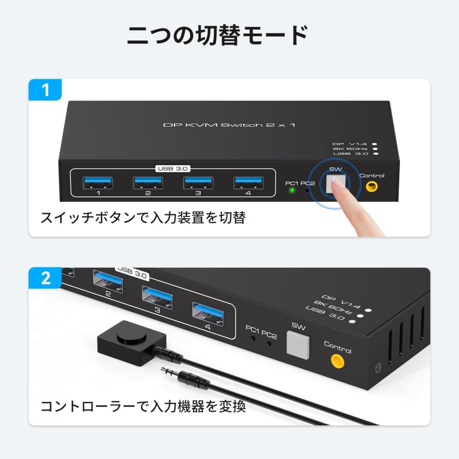 DisplayPort KVM 切替器 SW204N 8K 60Hz 4K 120Hz 2PC DP 2入力1出力 USB3.0 ハブ 切替 スイッチ｜morimori117｜04