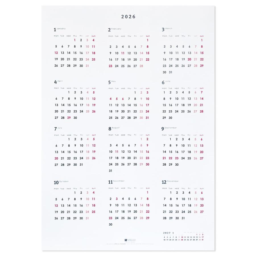 SIMPLISH STANDARD 2026 ポスターカレンダー A2 月曜始まり 12ヶ月