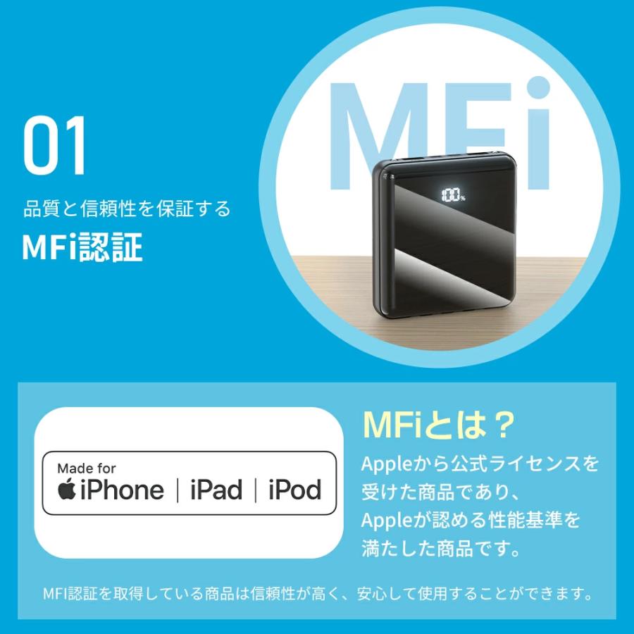 モバイルバッテリー Q8 20800mAh 超小型 MFi認証 ワイヤレス充電 4種類ケーブル内蔵 6台同時充電 急速充電 充電器 軽量  iPhone Android PSE認証 | MOTTARI | 15