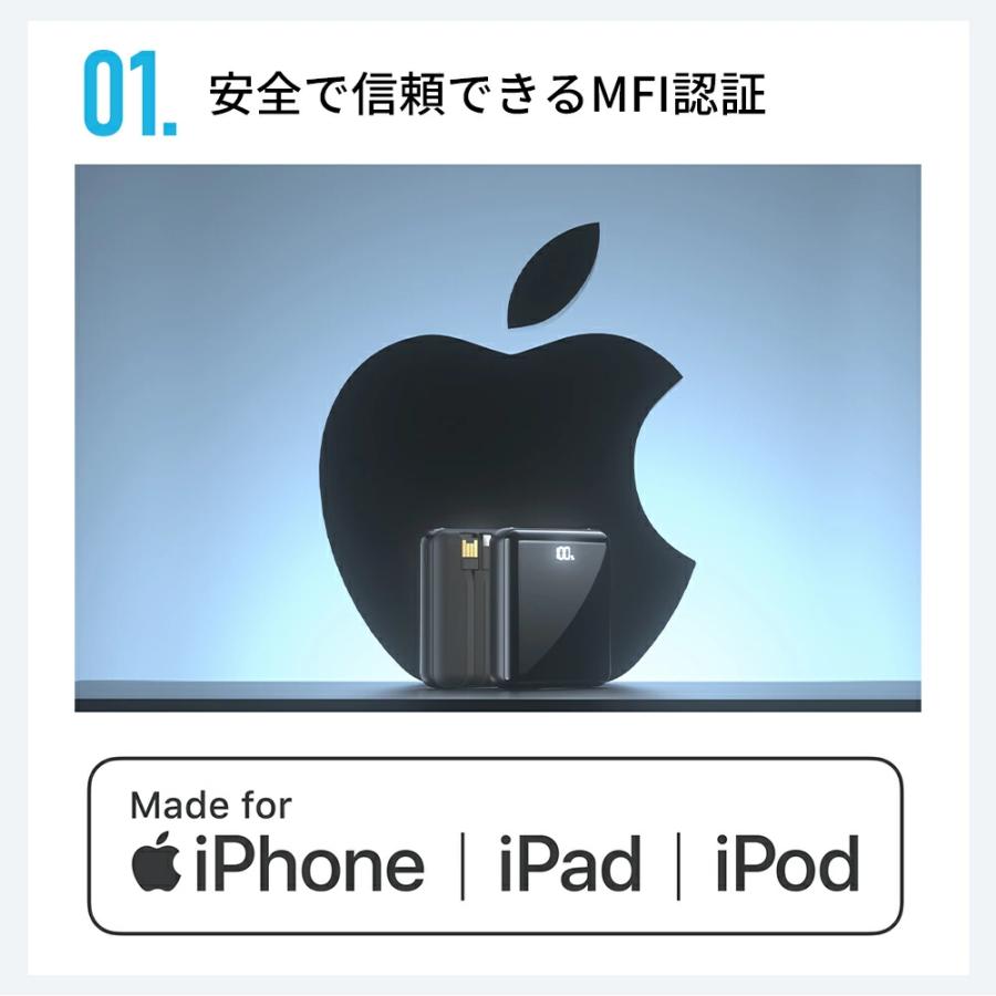 モバイルバッテリー Q8 20800mAh 超小型 MFi認証 ワイヤレス充電 4種類ケーブル内蔵 6台同時充電 急速充電 充電器 軽量  iPhone Android PSE認証 | MOTTARI | 10