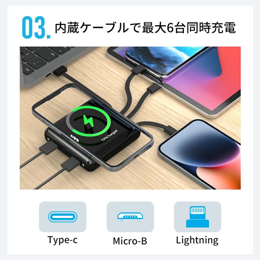 モバイルバッテリー Q8 20800mAh 超小型 MFi認証 ワイヤレス充電 4種類ケーブル内蔵 6台同時充電 急速充電 充電器 軽量  iPhone Android PSE認証 | MOTTARI | 12