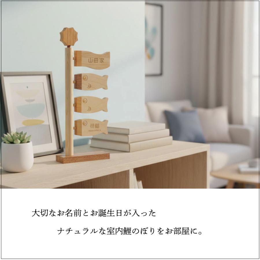 こいのぼり 室内鯉のぼり 室内鯉飾り 平安豊久 木製鯉のぼり モクモク鯉 ほのぼの 4匹（吹き流し+鯉3匹） 苗字+名前+生年月日入れ 名前旗_4