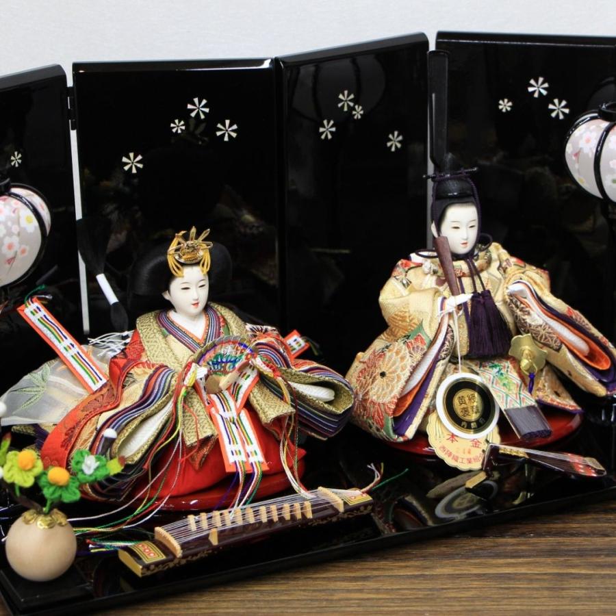 安藤桂甫作 京雛 十三番 本金梅印 No.2 螺鈿はな屏風 黒塗り平台セット