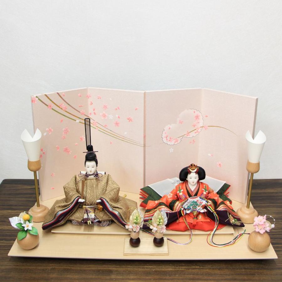 雛人形 清水久遊作 ひいな 古今 三五親王飾り 桜染め雪輪桜デザイン屏風 間口60m白木足付平台セット_2
