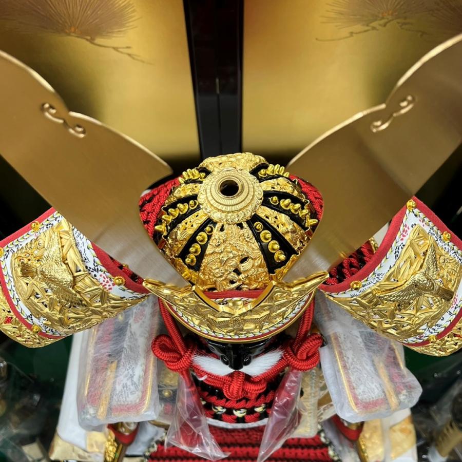 五月人形平飾り 大越忠保作 春日大社国宝模写 12 竹虎之大鎧  艶消し鍬形  正絹忍び緒 赤糸縅 黒塗小札 金松屏風毛氈飾りセット_6