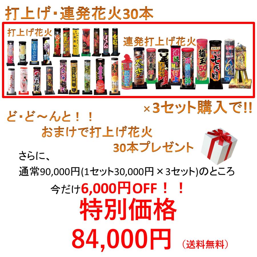 花火 打上げ セット 連発花火 子供会 子ども会 自治会 イベント 超お買得  総数90本（全30種以上入り）送料無料　購入特典 プレゼント おまけ付き！｜morisige｜02