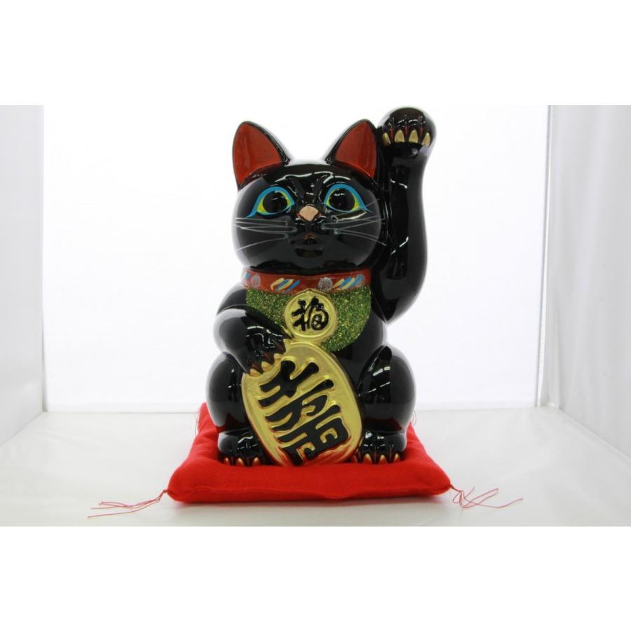 8号招き猫小判黒手長(座蒲団付) 楽器、手芸、コレクション-陶芸-美術、工芸品