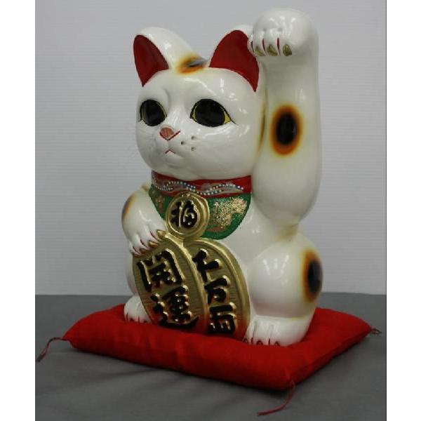 10号開運手長招き猫白（左手又は右手）(座布団付) : 人形のモリシゲ