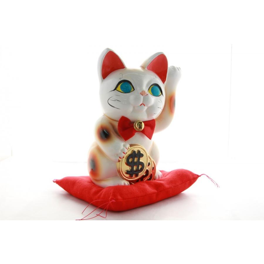 6号招き猫ドル猫白左手(座布団付) : 人形のモリシゲ - 通販