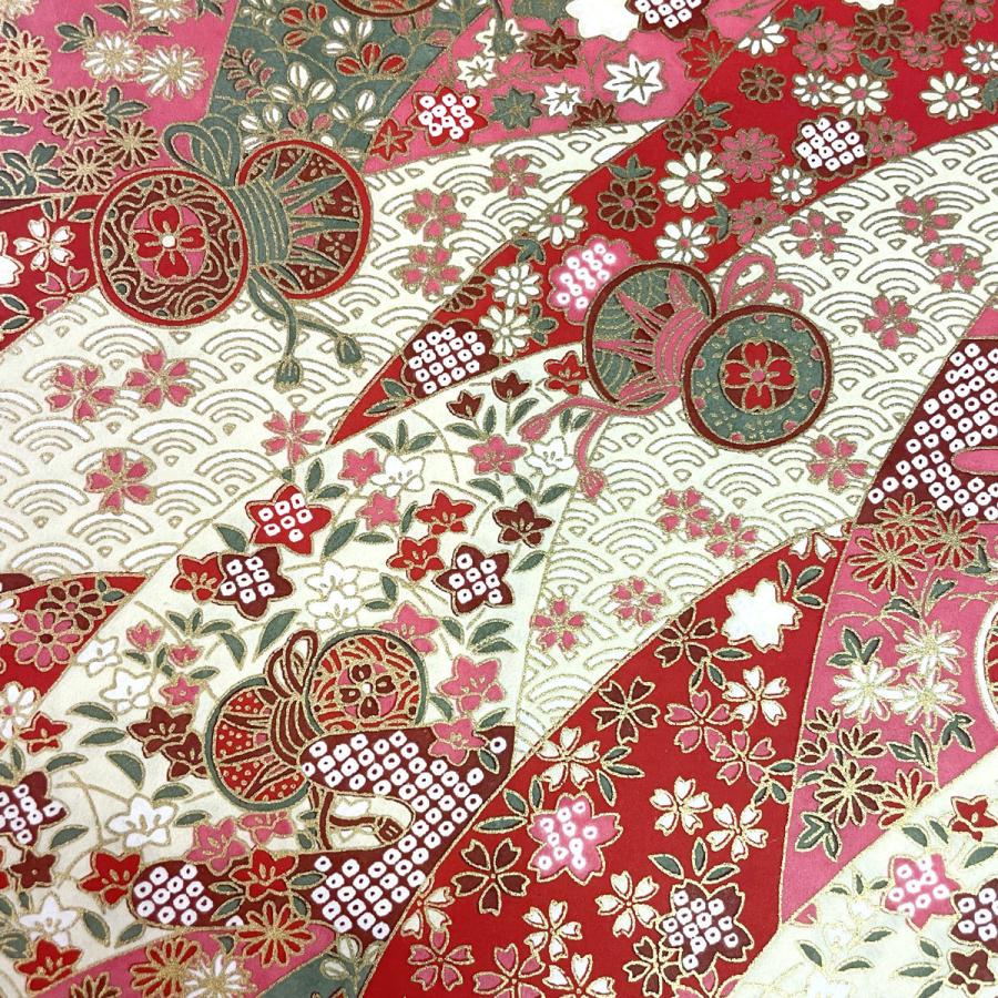 友禅和紙 華やか古典柄 鼓 桜 桔梗 菊 小花 赤 大判 菊判 約63x93cm