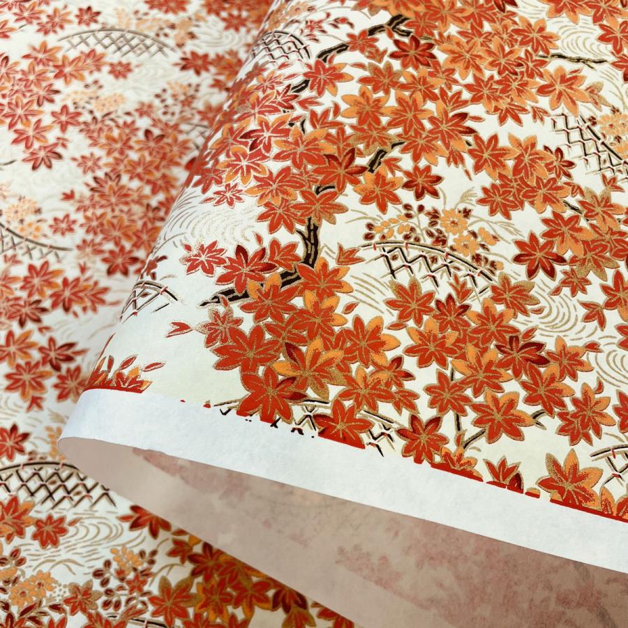 華やかな友禅和紙 紅葉 秋 庭園のもみじと水の流れ 菊判 大判 約