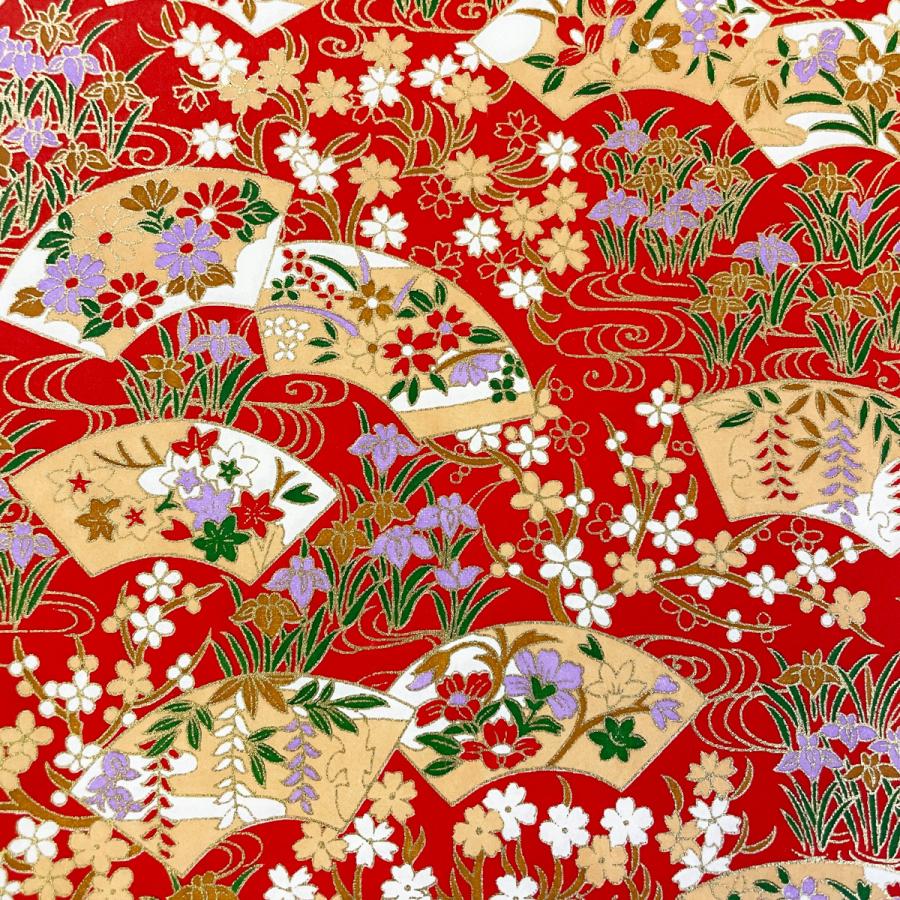 友禅和紙 華やか 菖蒲園に花扇 桜 梅 赤 大判 約63x93cm 千代紙