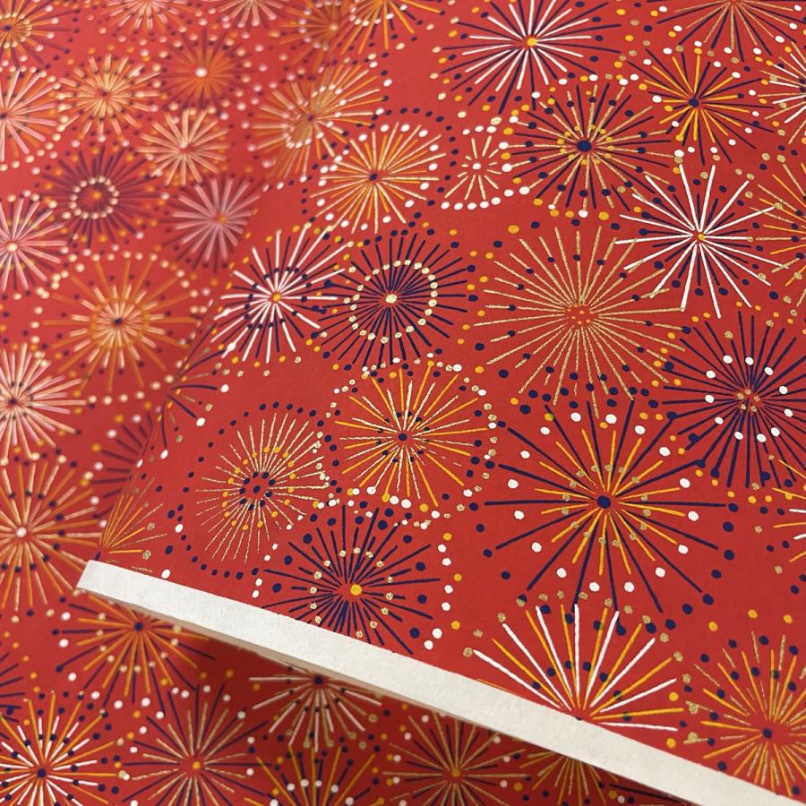 森田リナ 作 金彩フラワー アクリル画 和紙作品 原画 ハンドメイド 華やかな友禅和紙 花火 夏の風景 青 白大判 約63x93cm : 森田和紙