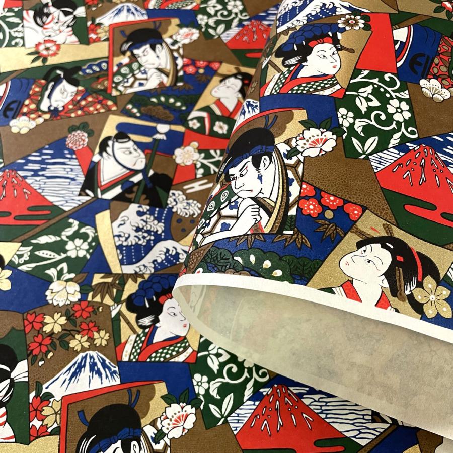 ★昭和レトロ★80年代★日本製★当時物 戦後 日本文化 和風 芸術 パブミラー 華やかな友禅和紙 日本の伝統 歌舞伎柄 青 紫 茶 オレンジ 大判 約