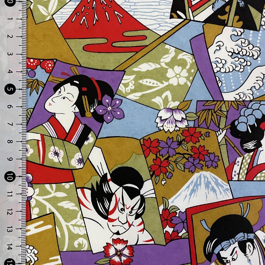 華やかな友禅和紙 日本の伝統 歌舞伎柄 青 紫 茶 オレンジ 大判 約