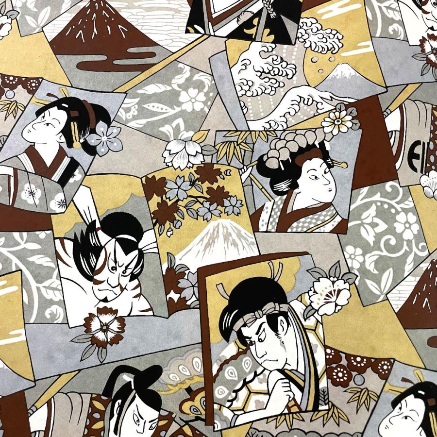 華やかな友禅和紙 日本の伝統 歌舞伎柄 青 紫 茶 オレンジ 大判 約