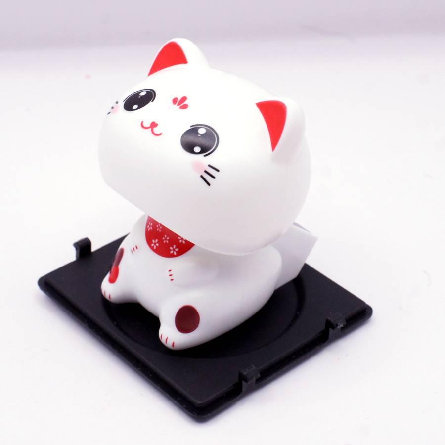 ソーラー式電池 首ふり 白猫 うなずき猫 小サイズ 目を開けて