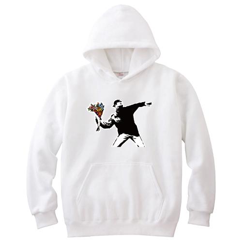 バンクシー　パーカー　白　Love is in the air Banksy バンクシー パーカー Love is in the Air 花束 S M L XL