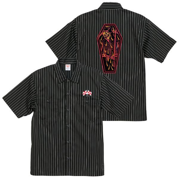 コフィンスカル ストライプワークシャツ 半袖 チェッカーフラッグ