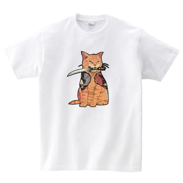 刺青猫侍 刀 ネコ おもしろTシャツ パロディTシャツ 150 160 WM WL