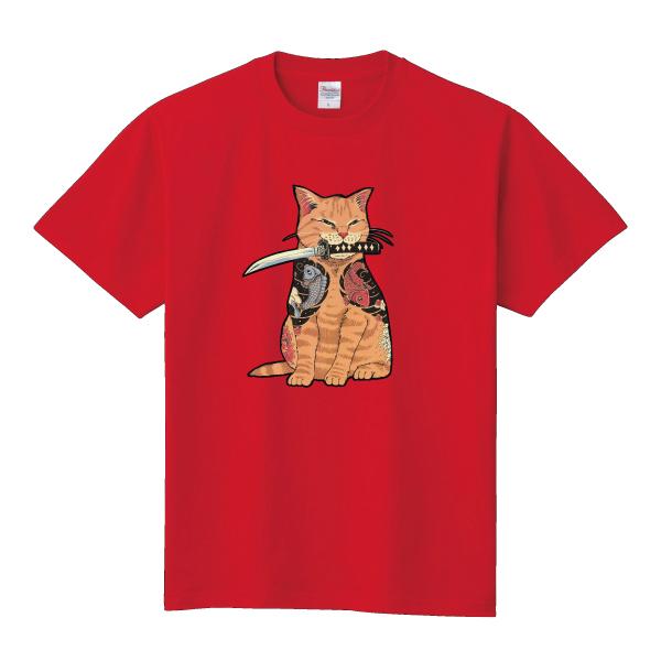 刺青猫侍 刀 ネコ おもしろTシャツ パロディTシャツ 150 160 WM WL