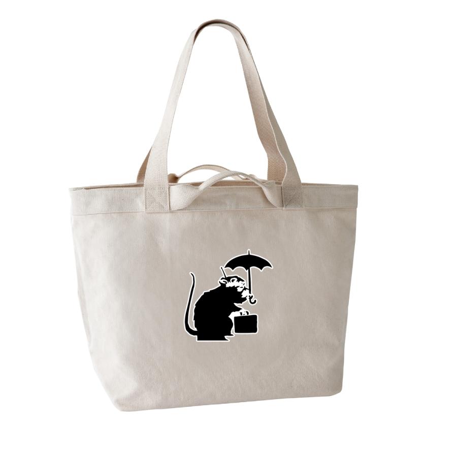 Banksy RAT&UMBRELLA ネズミ 傘 洗えるキャンバス2WAY ファスナー付トートバッグ バンクシー マザーズバッグ エコバッグ
