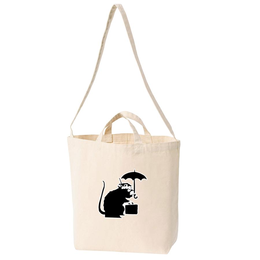 エコバッグ Banksy RAT&UMBRELLA ネズミ傘 洗える ショルダートートバッグ 2WAY キャンバスポケット付 バンクシー マイ